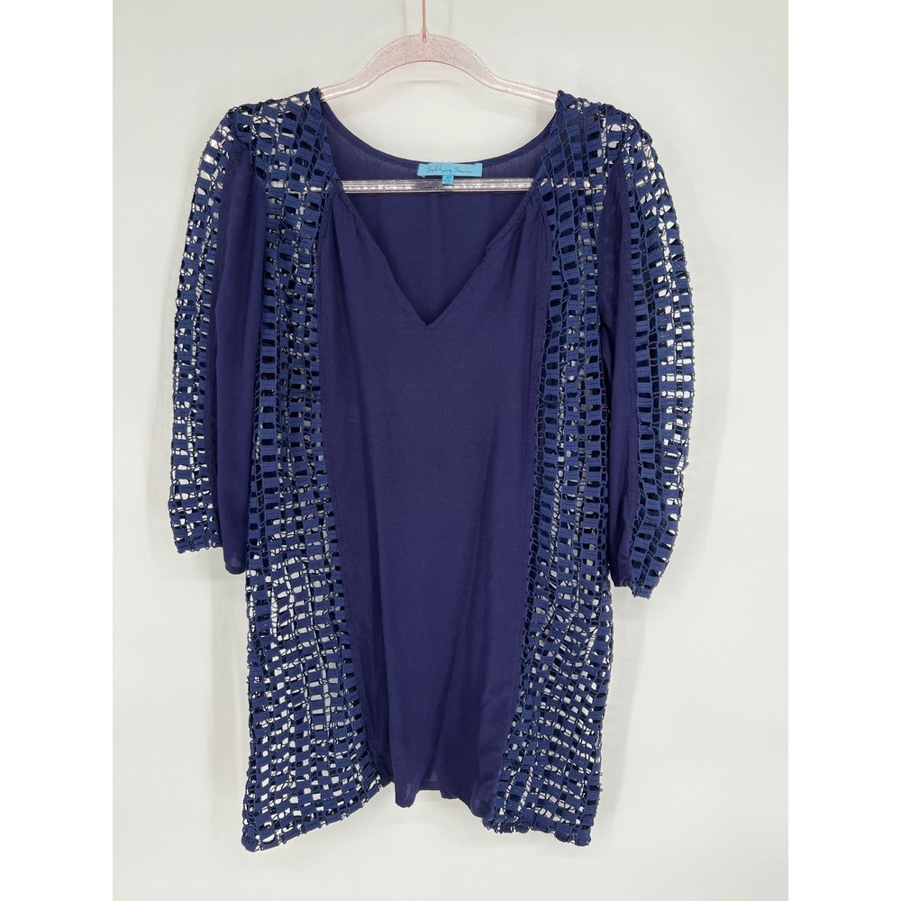 Solitaire‎ Swim Cover Up Tunic Dress Crochet Trim V Neck Navy Blue Size M
